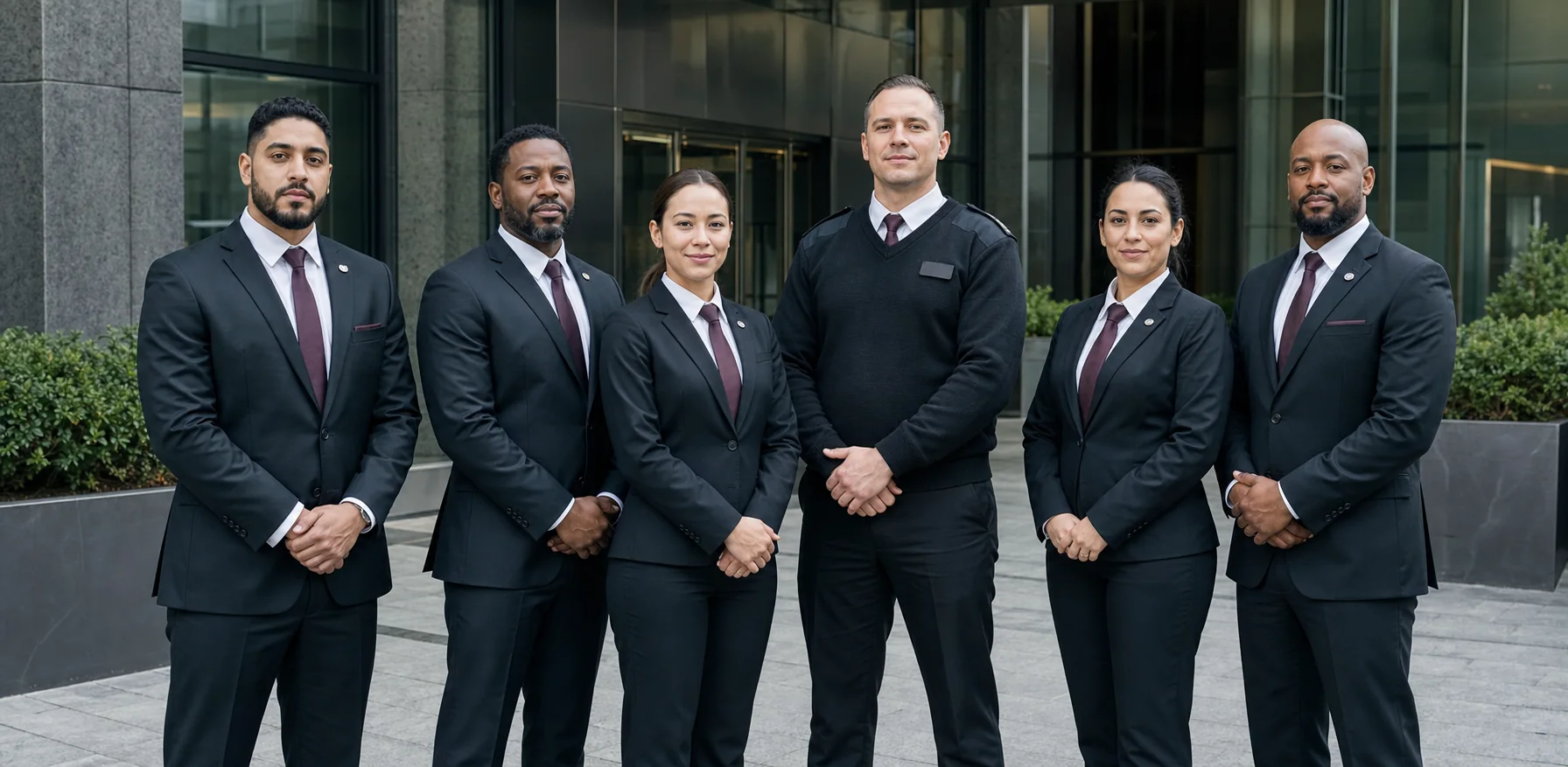Supreme Security Services team standing together outside a modern commercial building