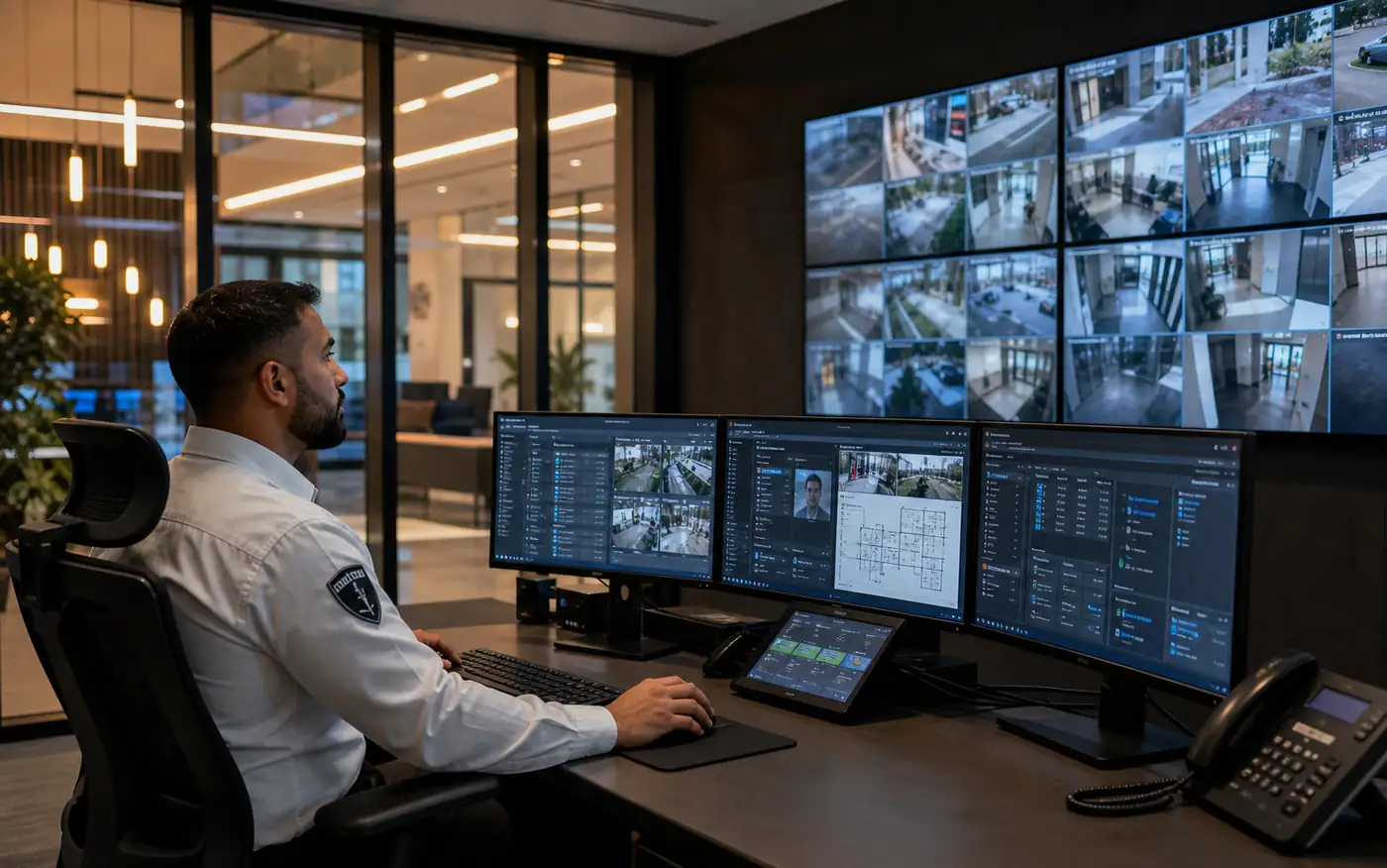 Security officer at a commercial entrance where live monitoring and site response planning work together