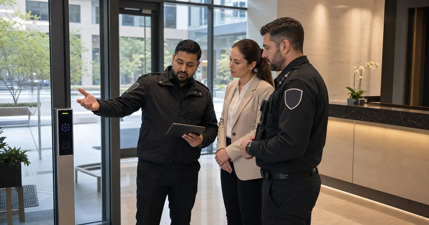 Professional security guard supporting front-desk access control and visitor management