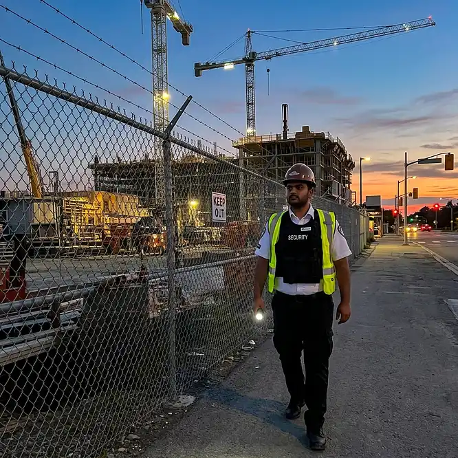 Mobile patrol officer checking construction site perimeter fencing at dusk in the GTA