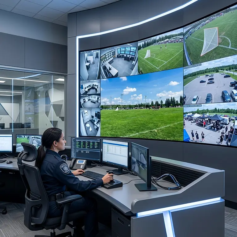 Security control room officer monitoring cameras during tactical security operations