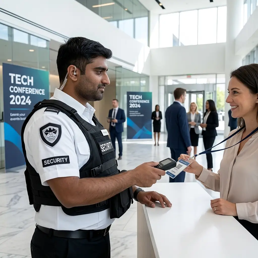 Security officer checking event credentials as part of access control and crowd management