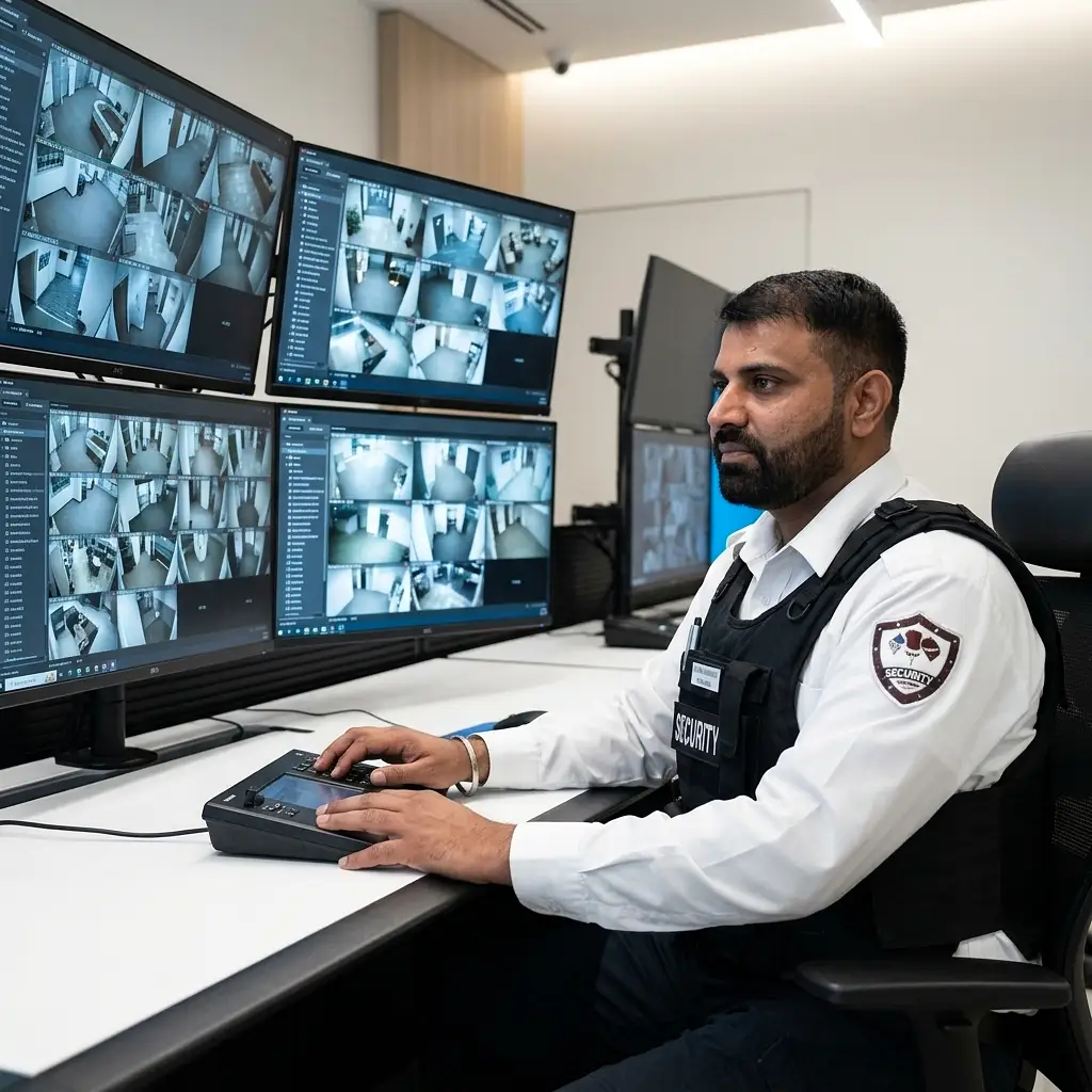 Security operations team reviewing camera feeds and property activity in a control room
