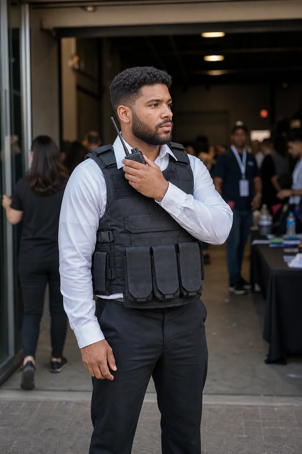 Supreme Security event officer on radio coordinating crowd flow at an Ontario venue