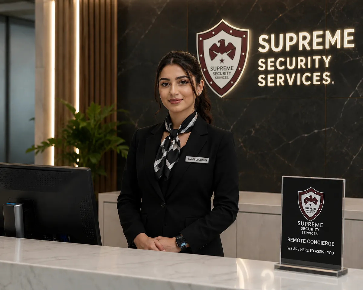 Professional concierge security representative at a modern condominium front desk
