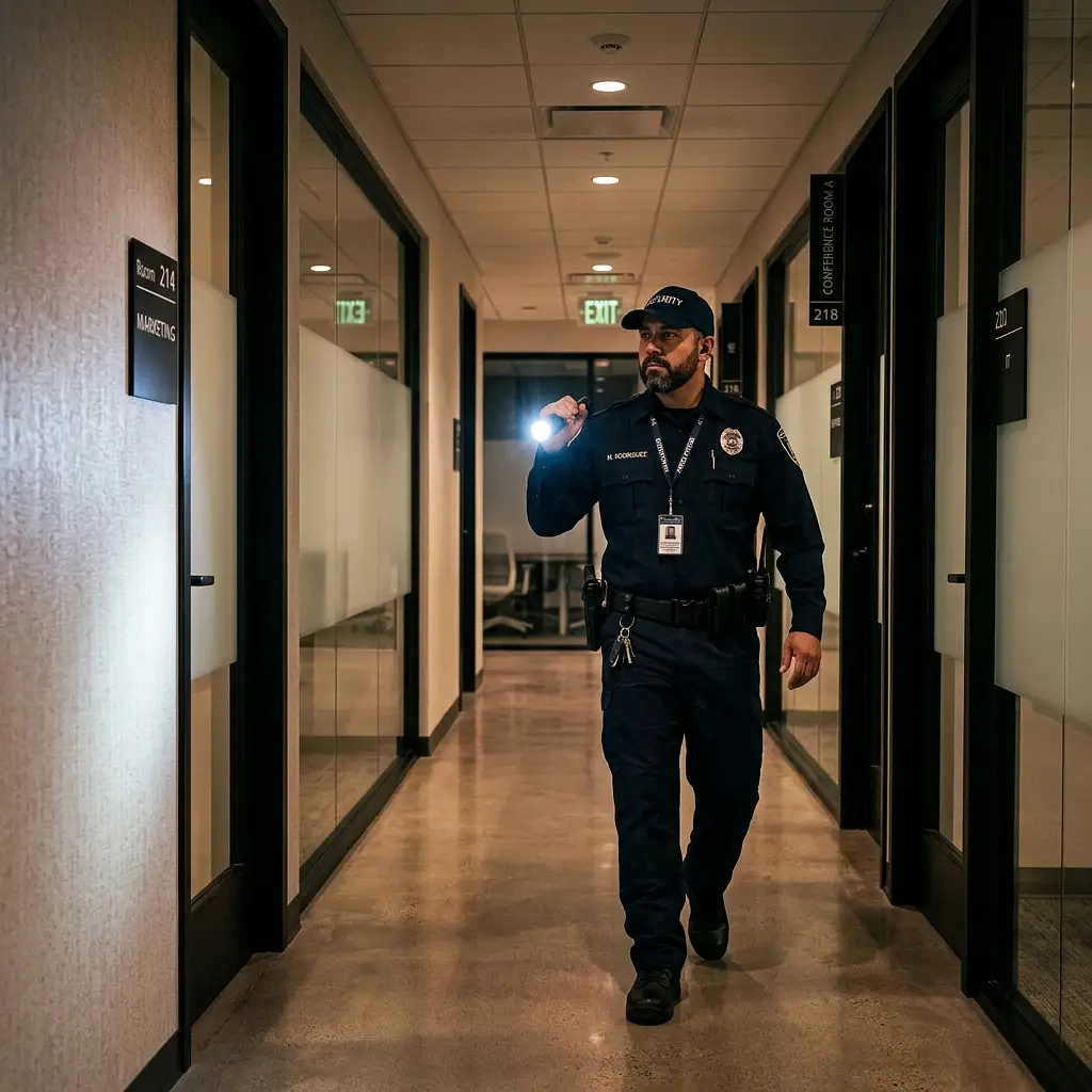 Mobile patrol officer doing an after-hours office corridor check in a Toronto commercial building