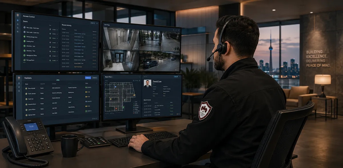 Security operations team reviewing camera feeds and property activity in a control room