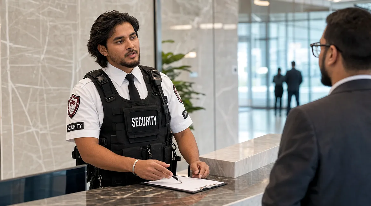 Concierge security guard assisting a visitor at a condominium front desk