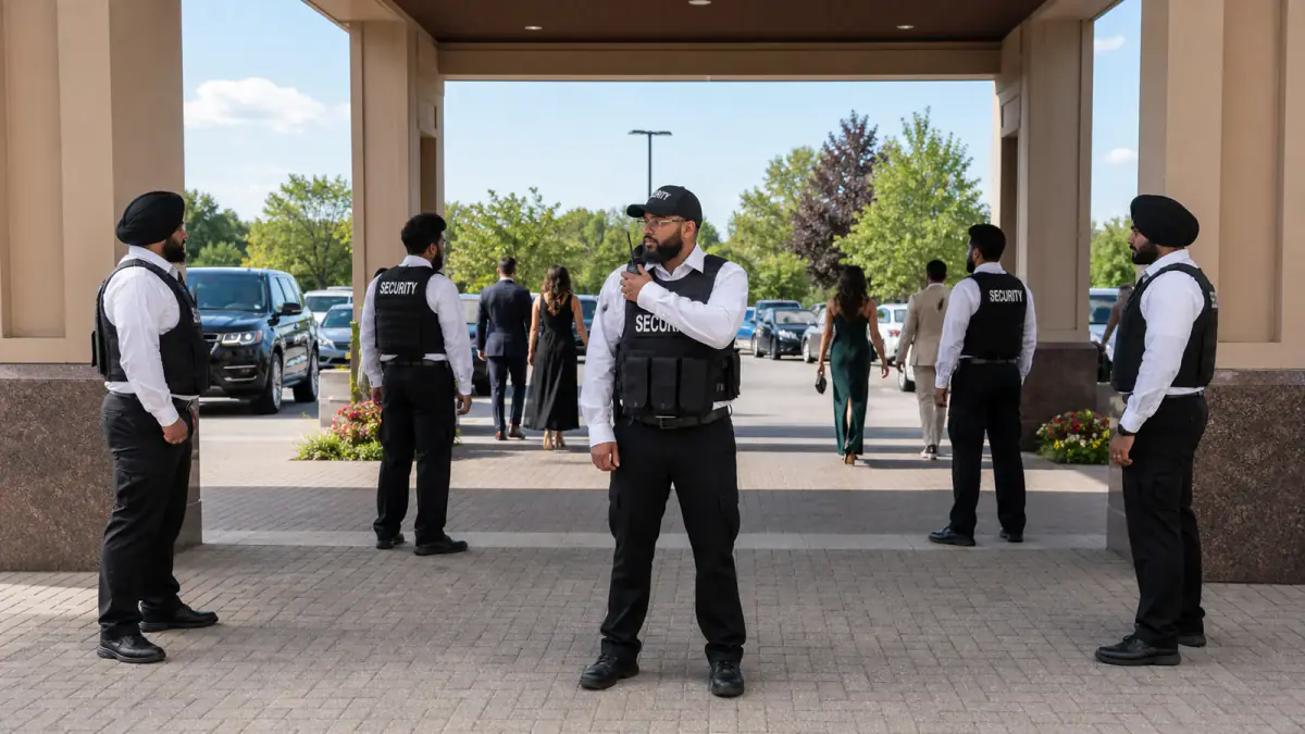 Supreme Security officers controlling a monitored entrance and sign-in point